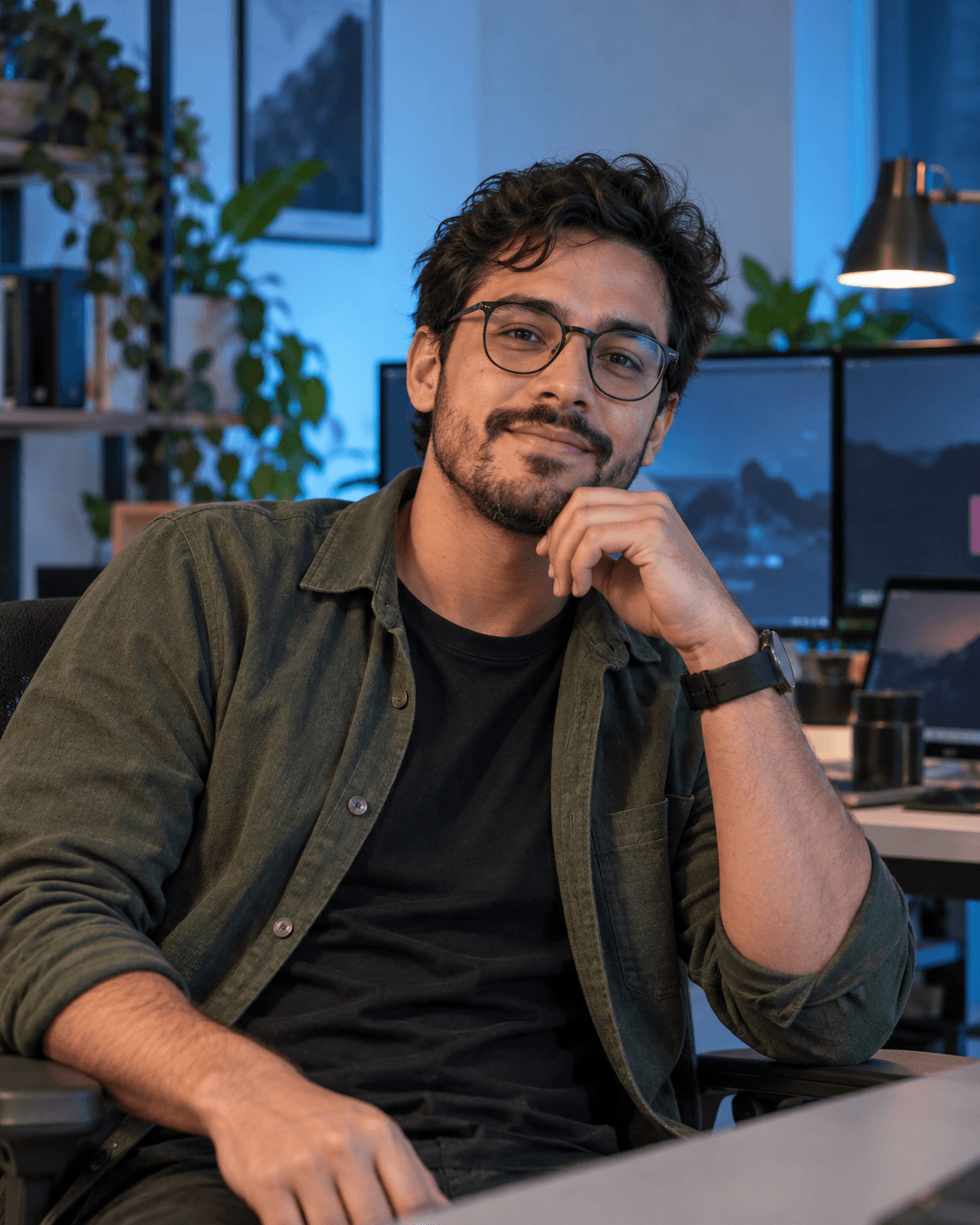 Retrato ilustrativo de Caio Lima em um estúdio de desenvolvimento