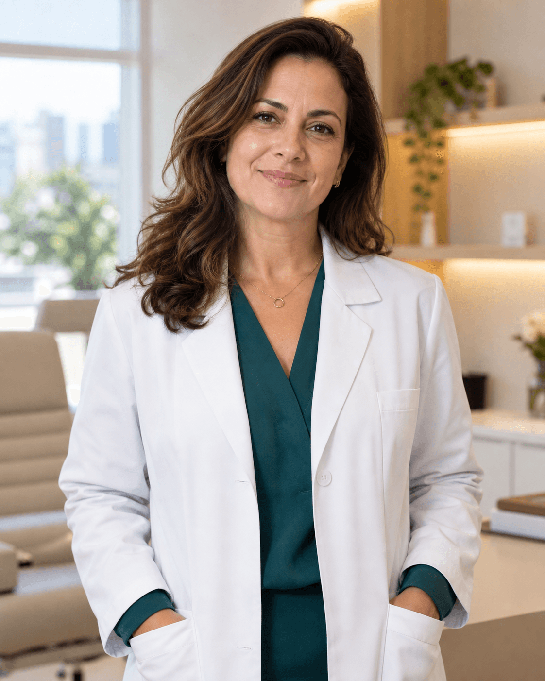 Retrato ilustrativo de Renata Souza em uma clínica contemporânea